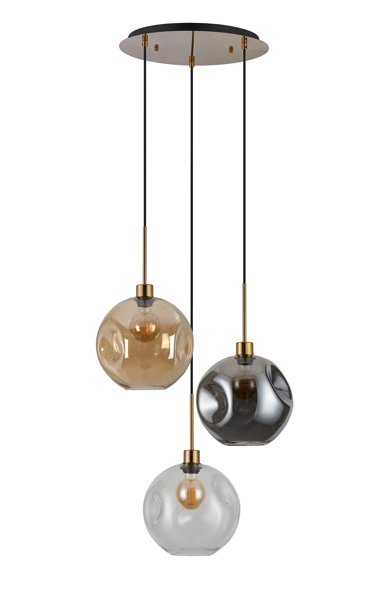 Lori 40cm Round Pendant, 3 Light Adjustable E27, Antique Gold/Amber/Clear/Smoke Round Dimple Shades DK1186  Deco Lori Antique Gold